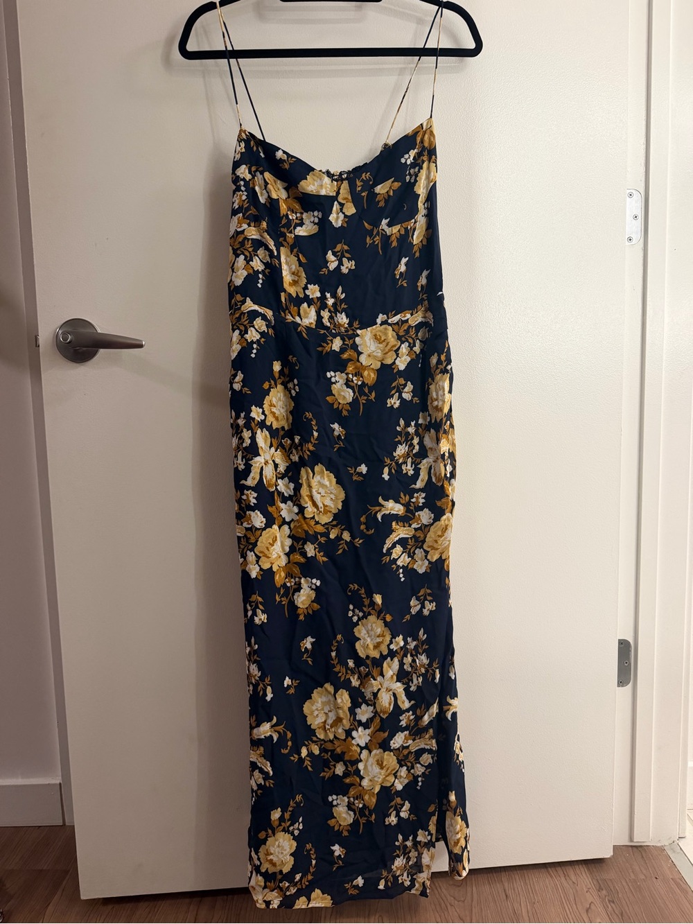 Reformation Navy Maxi Slip Skirt with Mustard Floral
